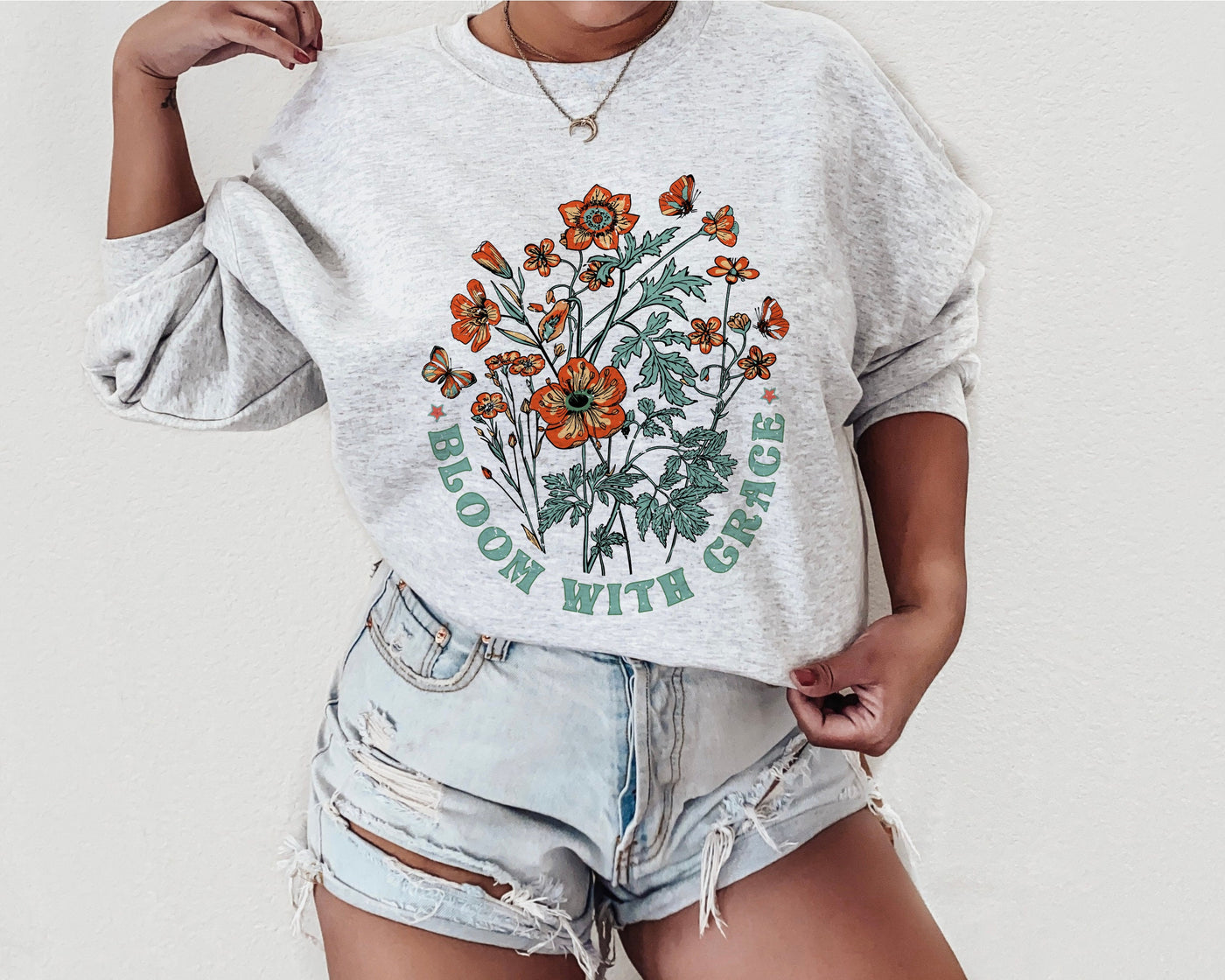 Bloom Crewneck, Flower Sweatshirt, Bloom With Grace, Boho Crewneck Sweatshirt, Spiritual Gift, Hippie Sweatshirt, Cute Crewneck Sweatshirt